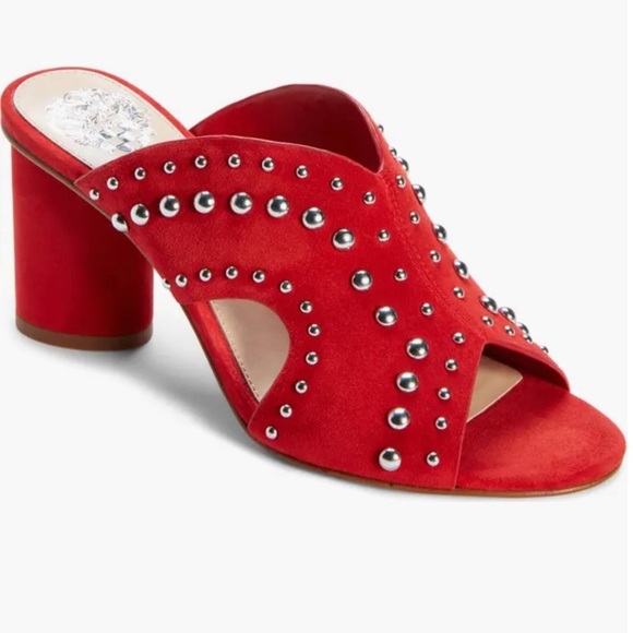 Vince Camuto Red Chunky Heel Mules with Silver Studs - Picture 10 of 11